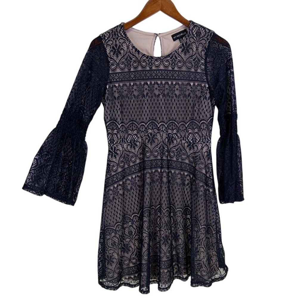 My Michelle Lace Bell Sleeve Fit & Flare Mini Dress‎ Size M Navy Blue Whimsigoth